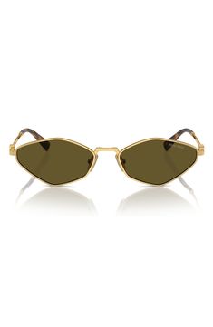 Striking logo hardware shines from the temples of retro-inspired sunglasses styled with angular metal frames and adjustable nose pads. 56mm lens width; 17mm bridge width; 140mm temple length 100% UV protection Prescription-compatible Adjustable nonslip nose pads Metal Made in Italy Miu Miu Gold Sunglasses With Tinted Lenses, Miu Miu Gold Tinted Sunglasses, Miu Miu Cat Eye Sunglasses With Uv Protection, Classic Gold Cat Eye Sunglasses With Polarized Lenses, Miu Miu Cat Eye Tinted Sunglasses, Gold Cat Eye Sunglasses With Uva Protection, Modern Gold Cat Eye Sunglasses, Modern Gold Cat Eye Sunglasses With Mirrored Lenses, Metal Frames