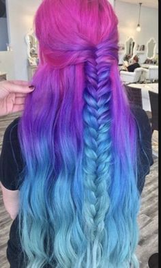 Unicorn Hair Dye Colors, Blue And Pink Hair Ombre, Pink Purple Blue Ombre Hair, Light Blue And Pink Hair, Pink Purple Blue Outfit, Color For Red Heads, Pink And Blue Ombre Hair, Pink And Blue Hair Ideas