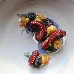 an octopus is garnished with fruit on a plate