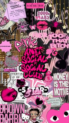 a collage of pink and black stickers