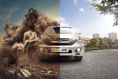 two pictures side by side, one with a car and the other with a truck