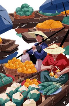 two people sitting on a boat filled with fruits and vegetables