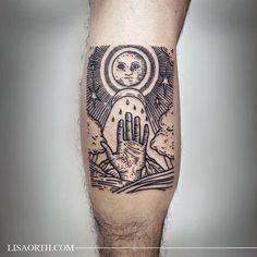 a black and white tattoo on the leg of a man with a hand in it