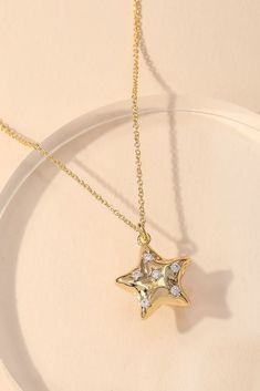 Studded Rhinestone Star Pendant Necklace-Necklaces Luxury Elegant Diamond Necklace With Star Charm, Trendy Party Necklace With Star Charm, Party Star Charm Necklaces, Trendy Star-shaped Charm Necklaces For Parties, Trendy Star Charm Necklaces For Parties, Star-shaped Cubic Zirconia Jewelry For Party, Diamond Star Charm Necklace, Star-shaped Sparkling Cubic Zirconia Necklaces, Star-shaped Rhinestone Jewelry