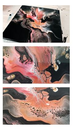 three different paintings are shown with black and pink paint on them, one is an abstract painting