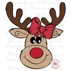 a reindeer head with a red bow on it's antlers and the words, deer