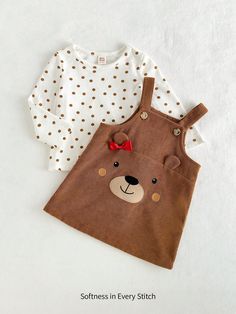 2pcs Baby Girl Polka Dot Knit Soft Crew Neck Long Sleeve Top With Bow Teddy Bear Corduroy Overall Dress Multicolor   Long Sleeve,Sleeveless Knitted Fabric,Woven Fabric Animal,Cartoon,Geometric,Polka Dot  Slight Stretch  Baby Girls Clothing, size features are:Bust: ,Length: ,Sleeve Length: Corduroy Overall, Corduroy Overall Dress, Top With Bow, Animal Cartoon, Fabric Animals, Overall Dress, Cute Bears, Girls Clothing, Baby Dress