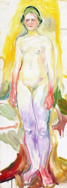 an abstract painting of a naked woman standing in front of a yellow and red background