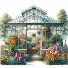 a painting of a greenhouse filled with lots of flowers