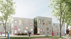 an artist's rendering of the exterior of a building with children playing in the yard