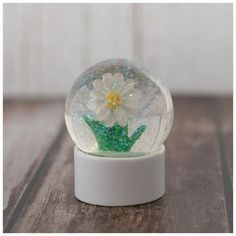 a snow globe with a flower inside on a wooden table