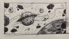 a drawing of an object in space with rocks and water around it, as well as other objects