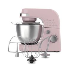 a pink mixer sitting on top of a white counter next to a metal beater