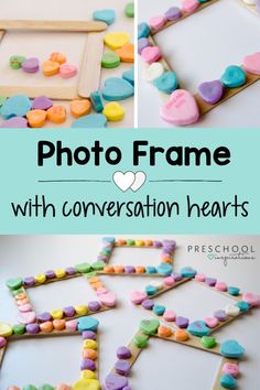 the words photo frame with conversation hearts are shown in different colors and shapes, on top of