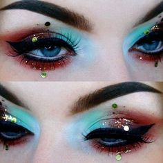 Smokey Eye With Blue Liner, Eyeshadow Looks Sunset, Red Blue Makeup Looks, Extra Eyes Makeup, Hhn Makeup Ideas, Sultry Eyeshadow Looks, Blue And Red Eye Makeup, Eyeshadow Inspiration Colorful, Arcade Makeup