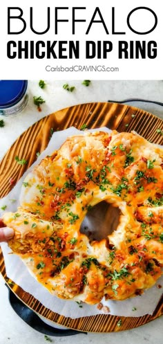 buffalo chicken dip ring on a plate with text overlay