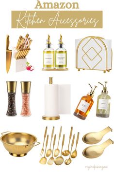 gold kitchen accessories with the words amazon kitchen accessories