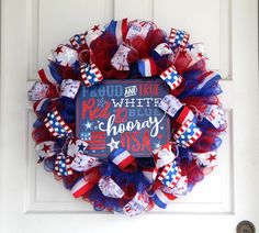 Patriotic Welcome Mesh Wreath, 24” Red White Blue Proud USA Door Décor Proud and True. Red White and Blue! Place this Patriotic deco mesh wreath on your door to add some RED WHITE and BLUE Hooray USA! It is made with Red and Blue deco mesh curlies.  It is accented with 4 patterns of wired ribbon (Firecrackers, Stars, Striped, Dots/Striped). In the middle of the wreath is a fun, patriotic glittered sign with the quote “Proud and True. Red White and Blue!  Hooray USA!”  MORE information: ·  Colors:  Red, white and Blue ·  Materials:  Wire Frame, Wired Ribbons, Deco Mesh, Sign ·  Measurement:  24” in diameter and 6-7” deep; ·  Handmade: All of our wreaths are our own designs. Each is handcrafted, unique and made with love so it is special to you and may vary in placement! They are perfect for Patriotic Mesh Wreath, Chino Hills California, Wreath Boxes, Country Wreaths, 4th Of July Celebration, Floral Craft, Patriotic Holidays, Wire Frame, Mesh Wreath