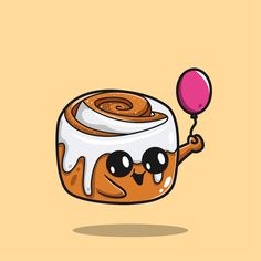 a cartoon character holding a balloon in the shape of a roll with icing on it