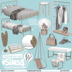 an ad for the sims4 new bedroom items collection, including clothes and accessories