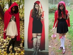 four different pictures of women dressed up in halloween costumes and wearing red capes, one is holding a pink umbrella