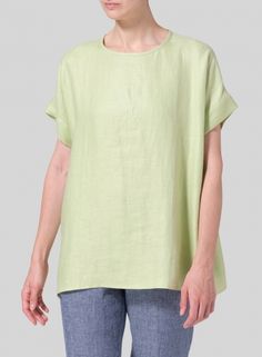 Linen Dolman Sleeves Relaxed Fit Top - Plus Size Relaxed Fit Tops For Layering, Relaxed Tops With Shirttail Hem For Casual Gatherings, Green Linen Loungewear Tops, Green Linen Tops For Loungewear, Relaxed Spring Tops, Relaxed Tops For Casual Spring Gatherings, Green Linen Crew Neck Top, Effortless Linen Top With Shirttail Hem, Everyday Linen Tops With Shirttail Hem