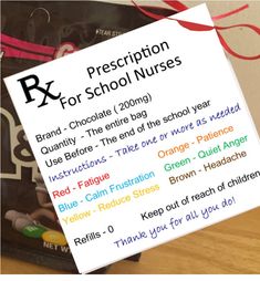 a sign that says prescription for school nurses in front of a bag with the name rx on it