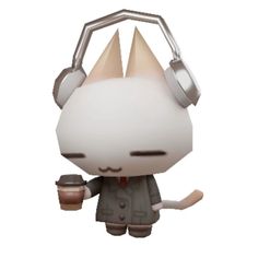 a white cat with headphones holding a cup