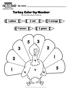 a turkey color by number worksheet for kids to learn how to write numbers