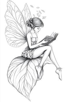 a fairy sitting on top of a leaf reading a book