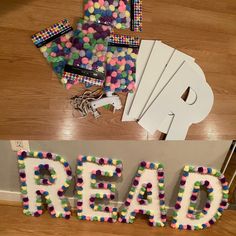 the word bead spelled out in white letters on a wooden floor next to other crafting supplies