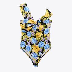 Brand New With Tag Zara Asymmetric Floral Bodysuit. Size: Small Color: Yellow And Blue Floral Print Measurements (Approximate - See Pictures): Pit To Pit: 13.5" Waist: 12" Length: 26.5" Please Note: The Fabric Has Stretch (8% Elastane Content). All Sales Are Final. Please Review All Photos, Details And Measurements Carefully. Chic Yellow Swimwear For Spring, Zara Swimwear For Spring Party, Zara Blue Swimwear For Beach, Blue Zara Swimwear For Beach, Asymmetric Bodysuit, Halter Neck Bodysuit, Yellow Bodysuit, Zara Bodysuit, High Neck Bodysuit