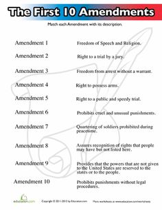 the first 10 amenments worksheet is shown in red, white and blue