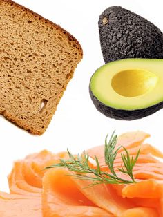 an avocado, salmon and bread on a white background