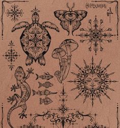 an old book with different types of tattoos on the pages, including sea animals and fish