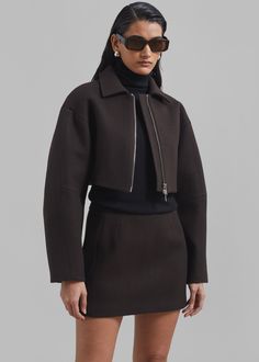 Color: Brown Midweight wool blend fabric Cropped profile Pointed collar Drop shoulders Front zip closure Lined 90% Wool 10% Polyamide Dry Clean Imported Cropped Wool Jacket, Brand Aesthetic, The Frankie Shop, Wool Mini Skirt, Frankie Shop, Fashion House, Wool Jacket, Fashion Inspo Outfits, Latest Fashion Trends