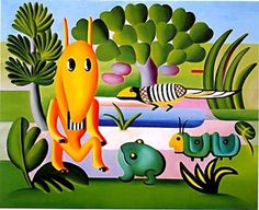 a painting with animals and plants in the background