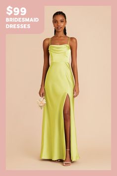 a woman in a yellow dress with the words $ 99 bridesmaid dresses on it