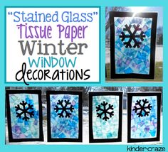 stained glass tissue paper winter window decorations with snowflakes on the outside and inside