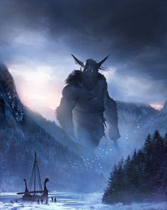 a giant monster standing in the middle of a snow covered forest next to a boat