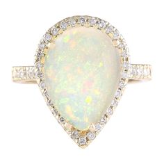 5.27 Carat Natural Opal 14K Yellow Gold Diamond Ring - Fashion Strada Pear-shaped Opal Ring For Formal Occasions, Gold Multi-stone Pear-shaped Ring, Fine Jewelry 14k Gold Pear-shaped Opal Ring, 14k Gold Pear-shaped Opal Ring Fine Jewelry, 14k Gold Pear-shaped Opal Ring, Gold Pear-shaped Opal Ring For Formal Occasions, Yellow Gold Pear-shaped Gemstone Cluster Ring, Pear-shaped 14k Gold Opal Ring Fine Jewelry, Yellow Gold Pear Cluster Ring With Gemstone