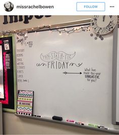 a whiteboard with writing on it in front of a bulletin board that says, what's friday?