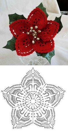 the crocheted poinset is shown in red and white