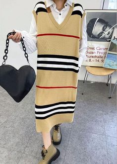 DIY Khaki V Neck Striped Fall Knit Sweater Dress - SooLinen Sleeveless Beige Sweater Dress For Fall, Beige Sleeveless Sweater Dress For Fall, Sleeveless Stretch Sweater Dress For Fall, Fall Knit Sweater, Fall Knitting, Comfortable Room, Knit Sweater Dress, Cup Size, Xl Dress