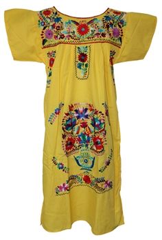 Mexican Embroidered Pueblo Dress - Yellow Mexican Dresses Traditional, Puebla Dress, Whimsical Clothing, Dress Up Storage, Traditional Mexican Dress, Mexican Embroidered Dress, Fiesta Dress, Embroidered Dresses, Long Summer Dresses Maxi