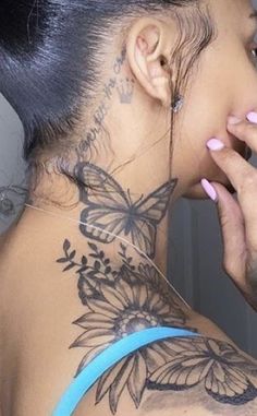 Butterfly Tattoo On Neck For Black Women, Neck To Shoulder Tattoo Black Women, Top Arm Tattoo Women Half Sleeves, Flower Tattoos For Black Women, Baddie Tattoo Ideas Female Back, Neck Sleeve Tattoo For Women, Tattoo Idea Black Women, Shoulder Neck Tattoos Women, Female Tattoos Black Women