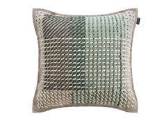 a green and white pillow on a white background