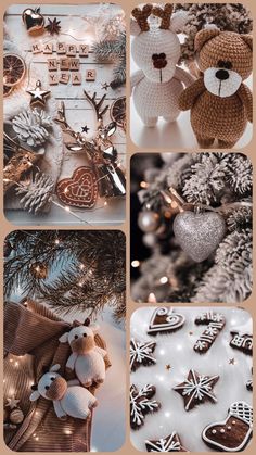 christmas decorations and teddy bears on display in front of a tree, with the words happy new year written above them