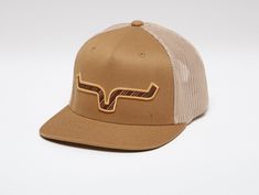 a brown and white trucker hat with an embroidered logo