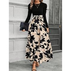 -Item Id 36642786 -Details: Belted, Ruffle Hem -Neckline: Round Neck -Sleeve Type: Leg-Of-Mutton Sleeve -Style: Elegant -Type: A Line -Waist Line: High Waist -Hem Shaped: Flared -Color: Black -Pattern Type: Colorblock, Floral, Plants -Sleeve Length: Long Sleeve -Fit Type: Regular Fit -Length: Long -Material: Fabric -Composition: 95% Polyester, 5% Elastane -Care Instructions: Machine Wash Or Professional Dry Clean -Sheer: No -Fabric: Slight Stretch **Open To Offers!!!** **Bundle To Save More** ** Floral Chiffon Skirt, Leg Of Mutton Sleeve, Womens Clothes, Classy Chic, Chiffon Skirt, Dress Robes, Printed Dress, Bohemian Dress, Chic Boutique